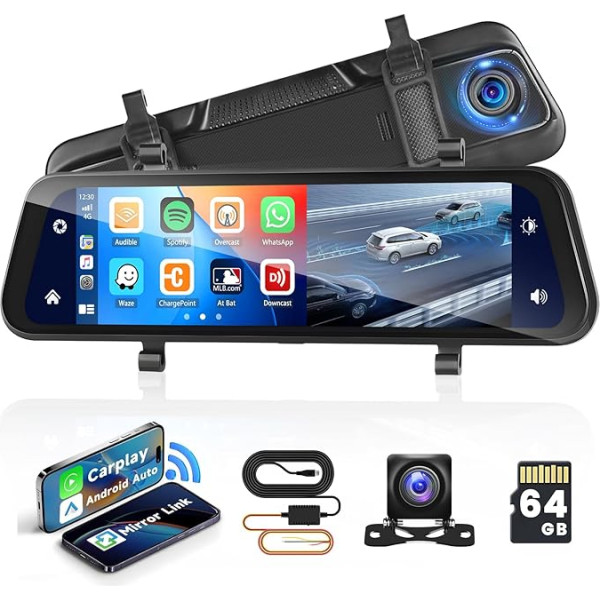 Hikity 9.66 Inch Carplay Mirror Dash Cam with Reversing Camera, Android Car, Voice Control, GPS, G-sensor, Super Night Vision, WDR, Loop Recording, Parking Surveillance, 32G SD Card