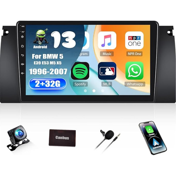 [2+32G] SIXWIN Android 13 Car Radio for BMW 5 E39 E53 M5 X5 (1996-2007) Radio, 9 Inch Capacitive Touchscreen with WiFi GPS Bluetooth FM/RDS USB Mirrorlink + Canbus + Rear View Camera