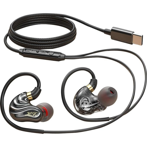 Holiper USB C Dual Driver Headphones with Cable, 1.2 m Cable with Headband Over Ear, Wired Earphones, Extra Bass, In-Ear Headphones with Microphone for Mobile Phone, PC, Tablet, MP3, Sports, Running