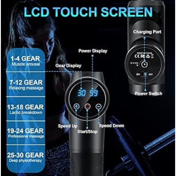 Massage Gun, Muscle Percussion Massager with 30 Speeds, Quiet Hand Massager, Massage Gun with LCD Touchscreen 10 Heads Massage Gun for Shoulder, Body, Back, Relaxation