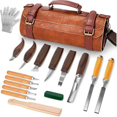 Wood Carving Set, 17 Pieces Wood Carving Tool with Leather Storage Bag, Wood Carving Set with 2 Chisels and 6 Carving Knives and 5 Detail Carving Knives for Beginners and Enthusiasts