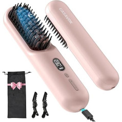 Wireless Straightening Brush for Travel, Negative Ion Hair Straightener Brush, Portable Brush with Rechargeable 9600 mAh Battery, Mini Straightening Brush Wireless for Women, Anti-scalding (Pink)