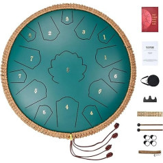 VEVOR Tongue Drum 356 mm, Steel Tongue Drum 15 Notes, Rain Drum, D Major Key, Rain Bell with 2 Beaters & Carry Bag, Handpan Drum, Percussion Instrument for Music Lessons & Yoga, Green