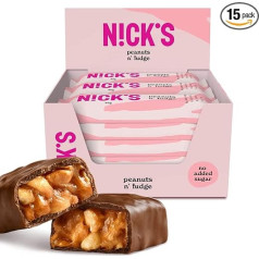 NICKS Keto Bar Peanuts n Fudge, Chocolate Peanuts Caramel Snacks, 175 Calories, 3.9 Net Carbs, No Added Sugar, Gluten Free, Low Carb Sweets (15 x 40 g)