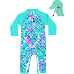 weVSwe Baby Girls' Long-Sleeved Swimsuit UV Protection UPF 50+ One Piece with Toddler Sun Hat Flap Cap 0-3 Years