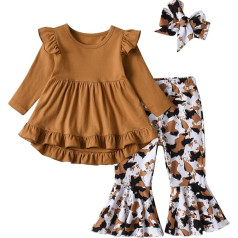 KuKitty Toddler Baby Girls Clothes Solid Color Long Sleeve Ruffle Top Floral Pants Headband Outfit Set