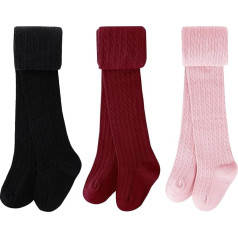 Nanquan BOOPH Girls' Tights, Baby Toddler Cable Knit Leggings, Trousers, 8-10 Years, Black, Red, Pink, Pack of 3, Black, red, pink