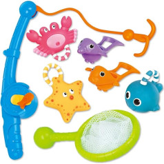 YeoNational Bath Toys, Fishing Floating Spray Toy and Water Trowel with Storage Bag (8 Pieces), Toys Fish Net Game for Bathtub, Kids Baby Boys Girls, Bath Trowel