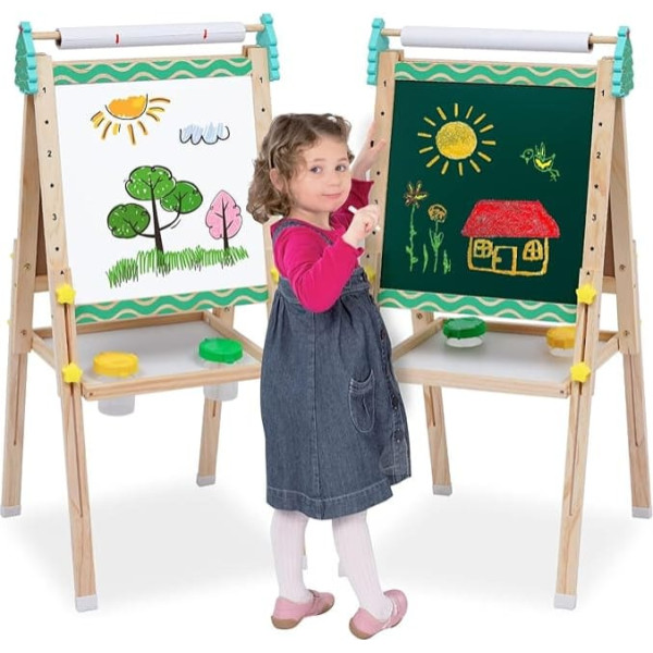 Children's Wooden Game Board, Adjustable Double-Sided Whiteboard and Blackboard Easel with Letters and Numbers Stickers and Other Accessories for Children and Toddlers (Green Stripes)