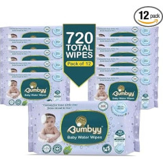 Baby Water Wipes - Biodegradable Wet Wipes - 720 Pack (Pack of 12) - 99.9% Water Based, Odourless Baby Wipes with Aloe Vera & Chamomile Extract - 100% Plant-Based, Alcohol and