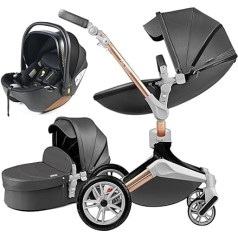Hot Mom Pram Set with 360° Rotation Function, Combination Pushchair 3-in-1 Equipped with PU Tyres and Faux Leather Seat and Many Other Accessories, Dark Grey