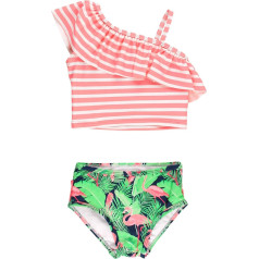 RuffleButts® Baby/Toddler Girls Rash Guard 2-Piece Swimsuit Set - Long Sleeve Bikini with UPF 50+ Sun Protection, Flamingo Frenzy