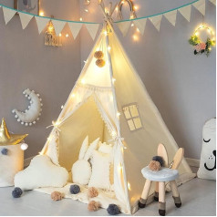 Children's Teepee Tent, Children's Indian Play Tent with Window & Carry Case, 100% Cotton Canvas and Chiffon Fabric Tent for Indoor and Outdoor Room Decor