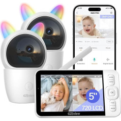 CZEview Baby Monitor with 2 Cameras and App, 2K/5.0 Inch WLAN Baby Monitor with Split Screen, PTZ 360°, 4 x Zoom, IR Night Vision, Automatic Tracking, Crying/Movement/Noise Detection, Alarms