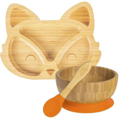 Baby Tableware Set - Fox - Orange - 3 Piece - Split Non-Slip Self Feeding Baby Weaning Plate, Bamboo Bowl and Spoon for Babies