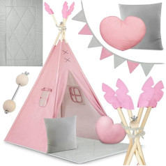 Nukido - Play Tent for Children - Teepee - Playhouse - with Wooden Frame, Bracket and Cotton Cover - Large Set - with Cushion, Soft Play Mat, Window Blind, Garland - Foldable - Pink, Grey