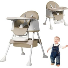 3-in-1 Children's High Chair, Folding Baby Dining Chair with Wheels, Adjustable Double Tray and Height-Adjustable Seat, Multifunctional Chair for Babies and Toddlers, Beige