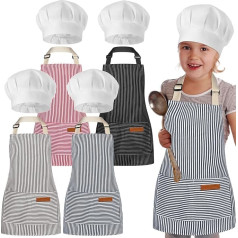 4 Sets Kids Apron and Chef Hat Set for Toddlers, Adjustable Stripes, Cotton, Kids Aprons with 2 Large Pockets, for Kids Age 2-5 Years Boys and Girls, Mainly pink stripes, blue stripes, grey