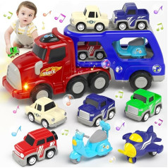 usrela Toy Car for 3 4 5 Years Boys, Truck Car Toy with 6 Pull Back Car Toy, 7 in 1 Carrier Transporter with Light Music, Gift for Toddlers Toy Birthday Christmas