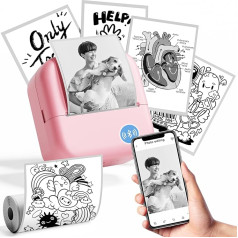 LabelCenter Mini Printer Mini Sticker Printer M02L, Mini Printer for Smartphone Sticker Printer, Mini Photo Printer for Notes, Journal, Photo, for Children, with 1 Roll of Paper, Pink