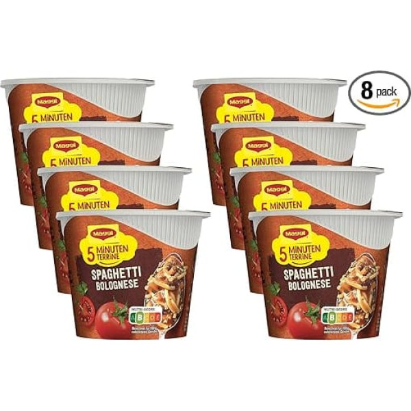 MAGGI 5 Minute Terrine Spaghetti Bolognese, Delicious Ready Meal, Instant Noodles, with Minced Meat, Pack of 8 (8 x 60 g)
