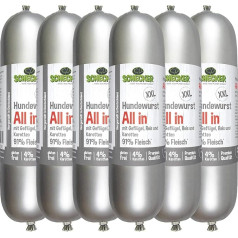 Schecker Wet Food - Dog Sausage XXL All in with 91% Meat - Meat Sausage for Dogs - 6 x 800 g - Can be Stored Without Cooling