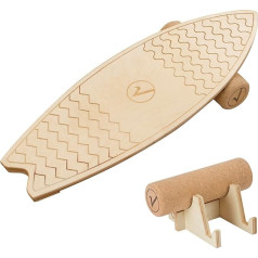valuents Wooden Balance Board in Surfboard Shape with Roller for Neuromuscular Response Training + Plus: Holder