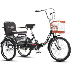 QSYY Foldable Tricycles with Back Seat and Shopping Basket, 20 Inch 3-Wheel Bicycle for Adults Single Speed Tricycle Bikes Cruiser Trike for Men Women Black