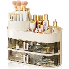 Make Up Cosmetic Organiser 360° Rotating Beauty Organiser with Two Small Drawers for Dressing Table Bedroom Bathroom Perfume Organiser Skincare Organiser Make-Up, beige