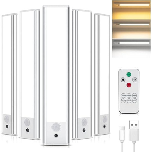 Kitchen LED Under-Unit Light, Pack of 5 Cabinet Lighting with Remote Control, 3 Colour Temperatures Cabinet Light with Motion Sensor, Battery Operated Night Light for Wardrobe/Showcase/Kitchen/Stairs