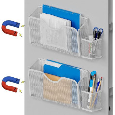 JANE EYRE Magnetic File Holder - 2 Pack Hanging Office Folder Magazine Document Paper Letter Holder with 2 Pen Holders for Classroom Fridge Whiteboard No Drilling White