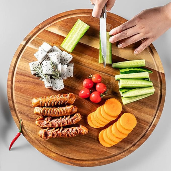 JF JAMES.F Acacia Wood Cutting Board Round Extra Thick with Deep Juice Groove Reversible Wooden Serving Tray for Kitchen Meat Bread Fish Vegetables Cheese Dairy (42 x 42 x 1.8cm)