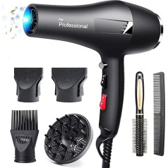 Faszin Ionen Professional Hair Dryer Hair Dryer with 1 Diffuser, 2 Styling Nozzles, 3 Heating and 2 Speed Levels, 2.5 Metre Long Power Cable, Strong Hair Dryer for Family