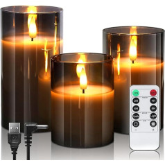 daphomeu Rechargeable LED Candles with Remote Control and Timer, Flickering Electric LED Candles for Home Decoration, Wedding, Party, Halloween, Christmas, 3D Emulation Candles, Grey Glass, Pack of 3