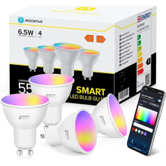 Aigostar Alexa Light Bulbs GU10 SL2 Smart LED Lamp 6.5 W WiFi Light Bulb LED RGBCW 2700-6500 K Dimmable, 26 Scene Modes, App Control, Compatible with Alexa/Google Home, No Hub Required, 4 Pieces