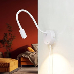 Licht-Erlebnisse LED Wall Lamp with Cable Plug White Adjustable Flex Arm Warm White Reading Lamp Bedroom Wall Light Living Room