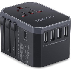 EPICKA Travel Adapter Worldwide, Travel Plug Adapter Worldwide 28 W, International Socket Adapter with 4 USB-A, 1 USB-C, Universal Travel Adapter for USA, UK, EU, Japan, Thailand, Australia, TA-105,