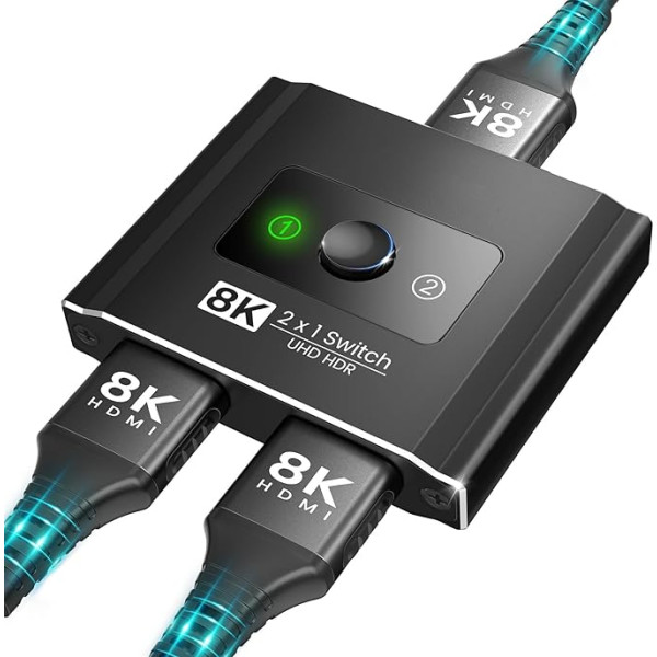 HDMI 2.1 Switch, 8K HDMI Splitter 4K 120Hz UHD High Speed 48Gbps HDMI Switcher Bi-Directional 2 in 1 Out or 1 in 2 Out, HDMI Splitter Supports HDCP 2.2 3D HDR for Fire TV Stick UHD TV PS5 Xbox