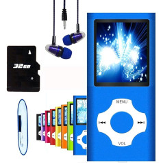 Hotechs Slim Design MP3 Player MP3 Player with 32GB Memory Card Digital LCD Display 1.8 Inch Display FM Radio (Blue)