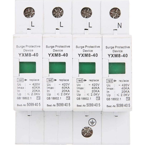 Akozon House Surge Protector 4P 40KA House Surge DIN Rail Low Voltage Protection Discharge Device for Lightning Protection