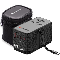Verbatim GaN Universal Travel Adapter with Built-in USB-C Cable, 85W Power Socket Adapter with 1 USB‑A & 3 USB-C Ports, Fast Charger for Laptop, Phone, Camera, Worldwide, 100-250V