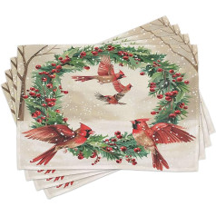 ABAKUHAUS Place Mats, Cardinals Christmas Wreath Art, Washable Fabric Dining Room Kitchen Table Decoration Digital Print, Dark Coral Green Beige