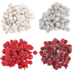 Pack of 320 Christmas Artificial Fruit Berry Mini Christmas Frosted Berry Artificial Frosted Holly Berries Wired Stem Foam Flower Fake Fruit Berry for Christmas Tree Decoration Wreath Garland