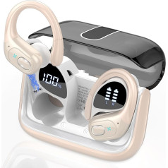 Aptkdoe Bluetooth Headphones Sports Headphones Wireless Bluetooth 5.3 with ENC Microphone, 75 Hours HiFi Stereo Bluetooth Headphones In Ear, IPX7 Waterproof Earphones with Ear Hooks, Beige