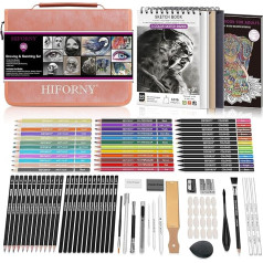 HIFORNY 100 Piece Drawing and Sketching Set, Professional Art Supplies with Graphite, Anthracite, Colored Pencils, Watercolour Pencils, Mixing Tools, Sketchbook and Colouring Book in Zipper Pocket