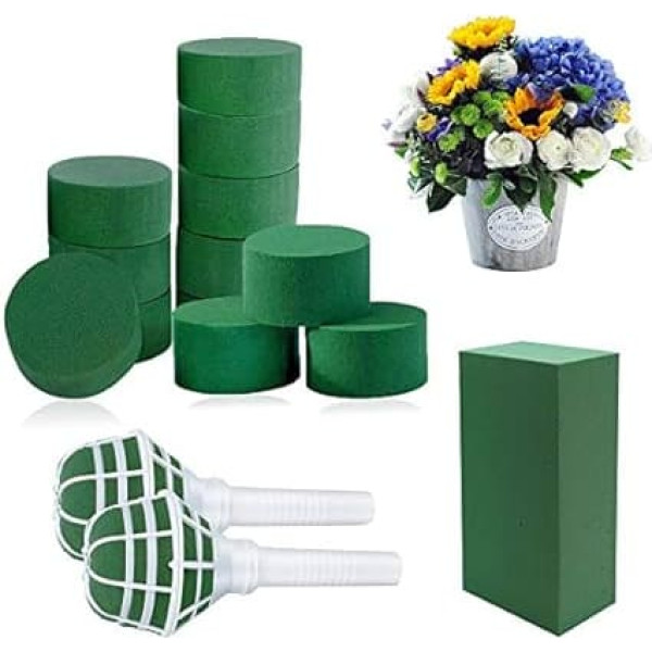 Woohome Pack of 18 Green Flower Foam for Fresh Flowers, Flower Foam DIY, Bouquet Holders and Flower Ribbons for Flower Arrangement, Wedding Bouquet Accessories