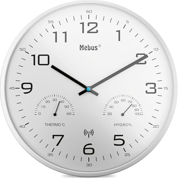 Mebus Modern Radio Wall Clock with Temperature Display and Humidity, 30 cm, Radio-Controlled Clock, Living Room, Kitchen Clock, Model: 52841, Colour: White