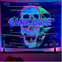 OSVINO Black Light Skull Tapestry 150 x 200 cm UV-Reactive Game Over Tapestry Personalised Skull Tapestry for Arcade Bedroom Living Room Dorm
