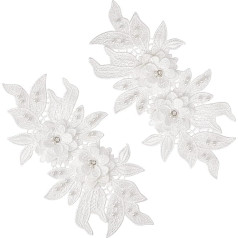 GORGECRAFT 1 Pair of 3D Flowers Embroidered Lace Appliques Flowers Beads Patches with Imitation Pearls Neckline Lace Trim for DIY Sewing Embellishments Wedding Dress Decoration Accessories White