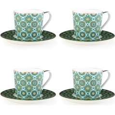 IMAGES D'ORIENT Andalusia Set of 4 Coffee Cups Green Gold with Saucers Diameter 8 cm Height 7.5 cm 210 ml Porcelain Oriental Design Includes Gift Box